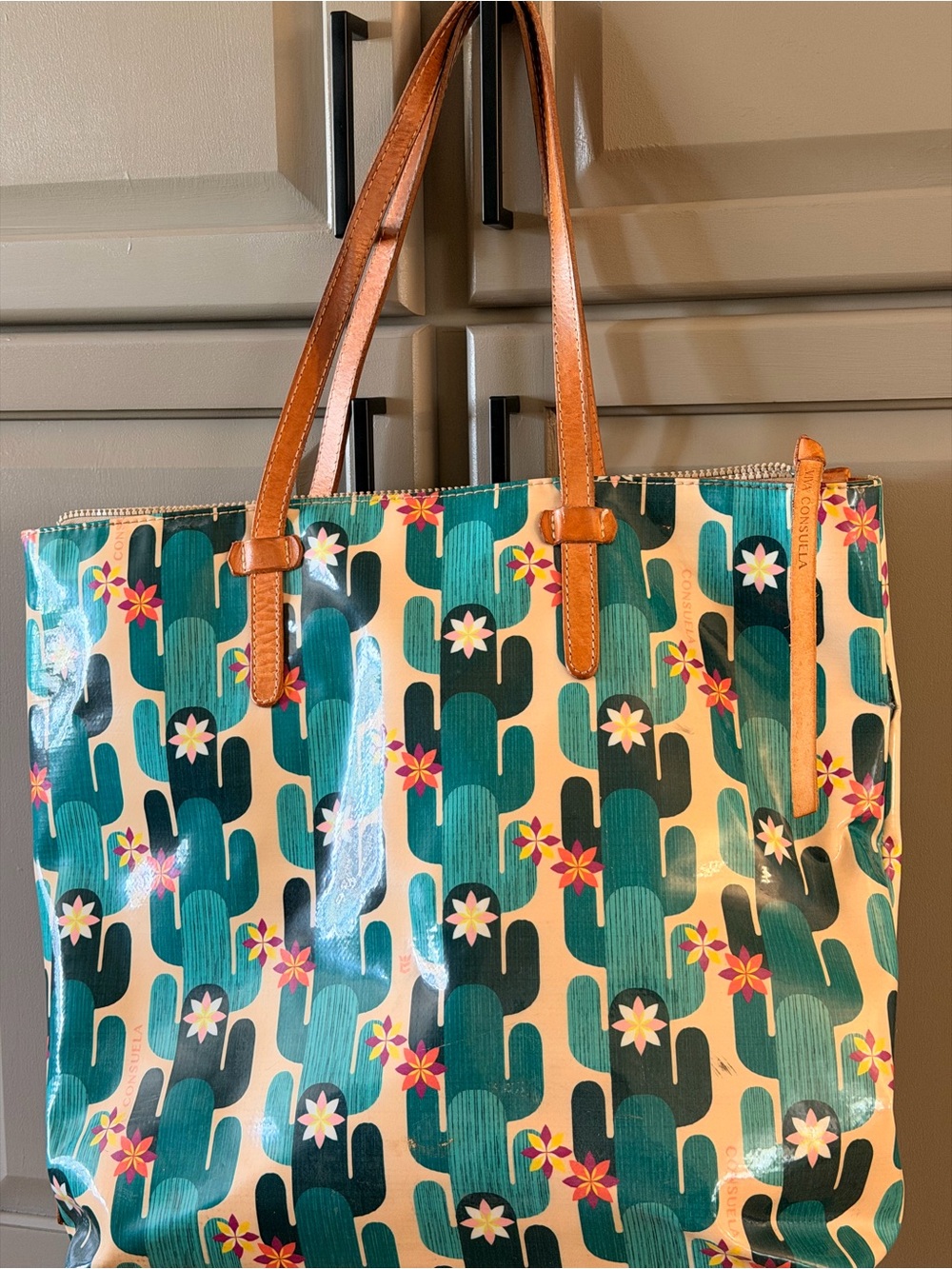 Consuela Teal Cactus Print Tote with Brown Handles - Picture 4 of 4